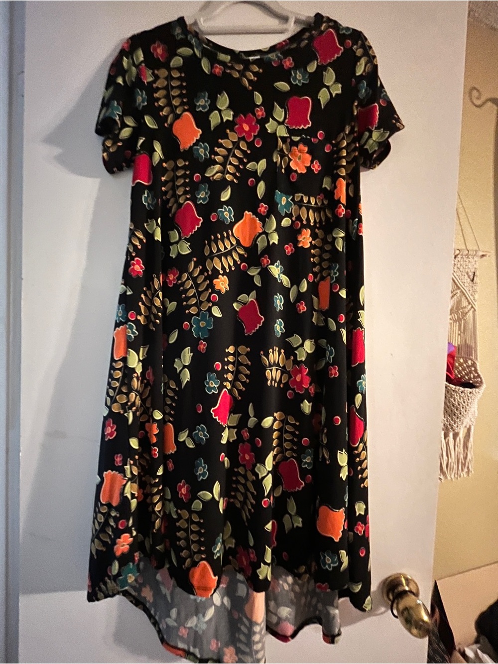 LuLaRoe Black Floral Print Carly Dress with Multicolor Blooms